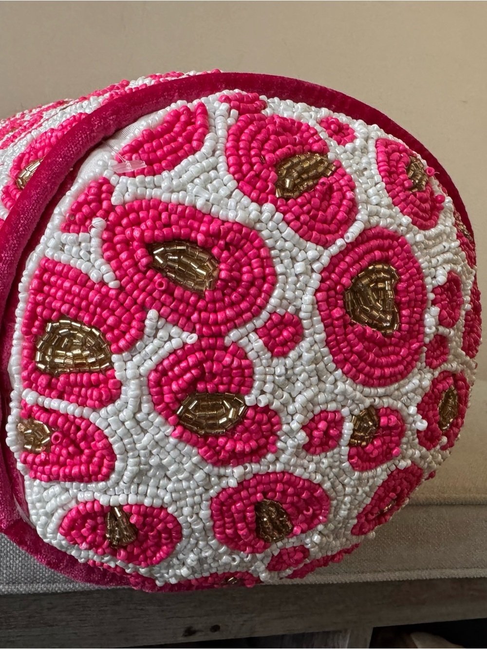 Beaded Cylindrical pillow  Pink White Gold decorative  animal print - Picture 6 of 11